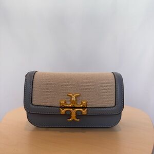 Tory Burch Tan and Blue Clutch with Gold Accent
